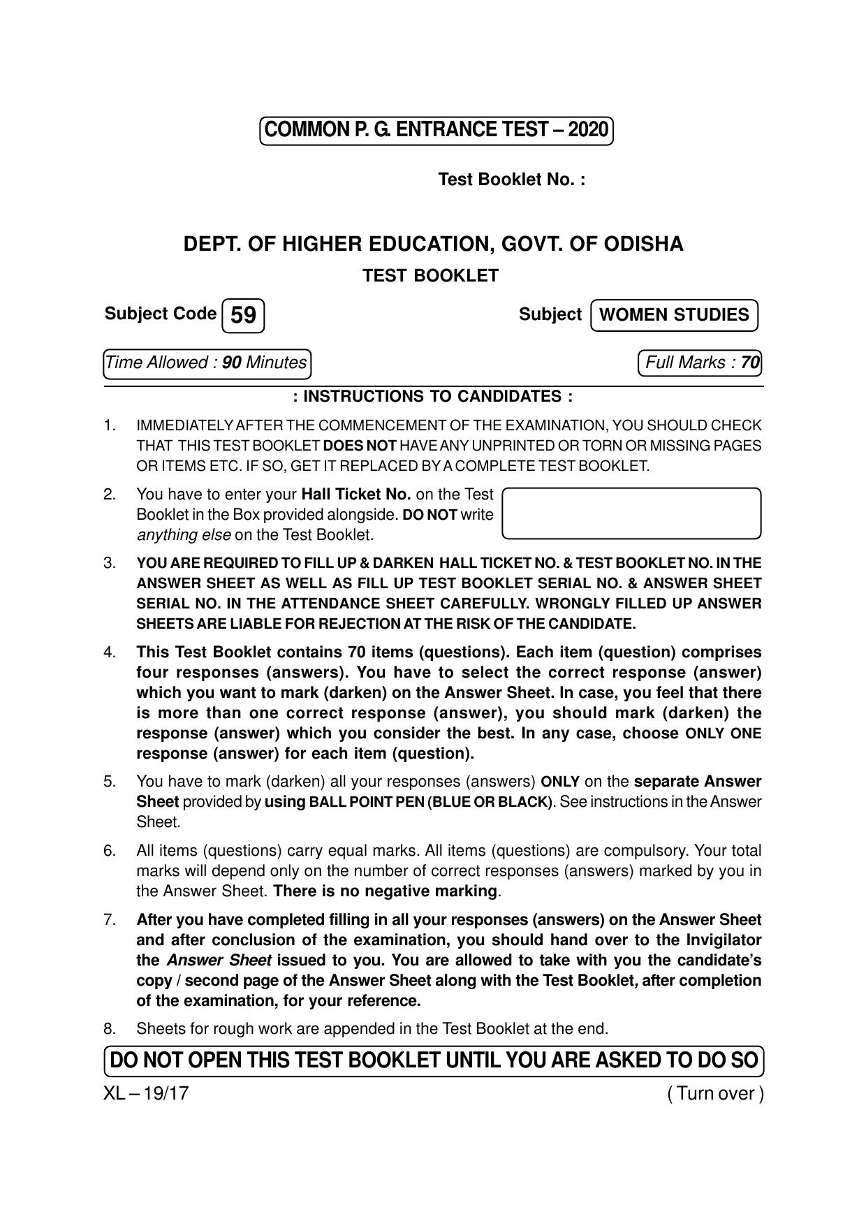 Odisha CPET WOMEN STUDIES 2020 Question Paper - Page 1
