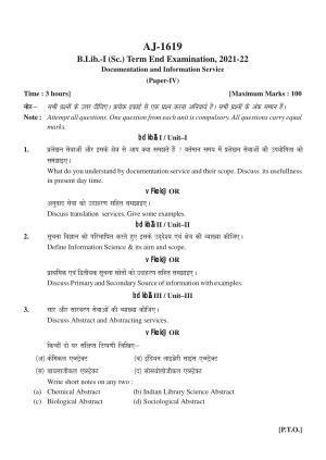 Bilaspur University Question Paper 2021-2022:B.LIB (I Year Degree Course) Documentation And Information Service Paper 1