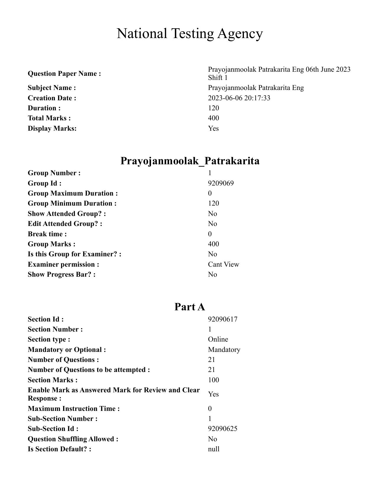 CUET PG 2023: LAQP32 – Prayojanmoolak(Patrakarita) (Eng.)-Shift 1 (06-06-2023) Question Paper - Page 1