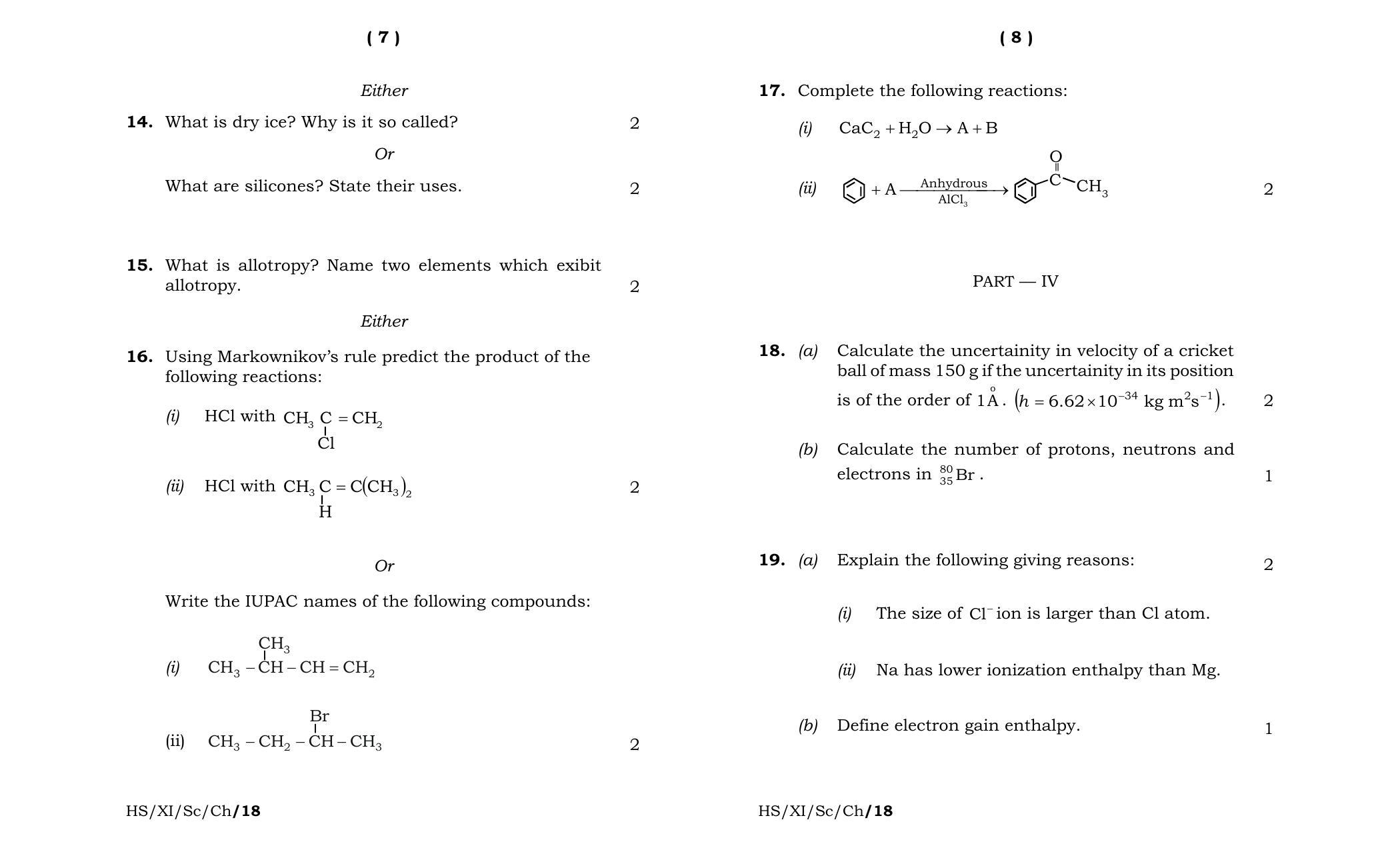 Meghalaya Board (MBOSE) Class 11 Chemistry 2018 Question Paper - Page 4