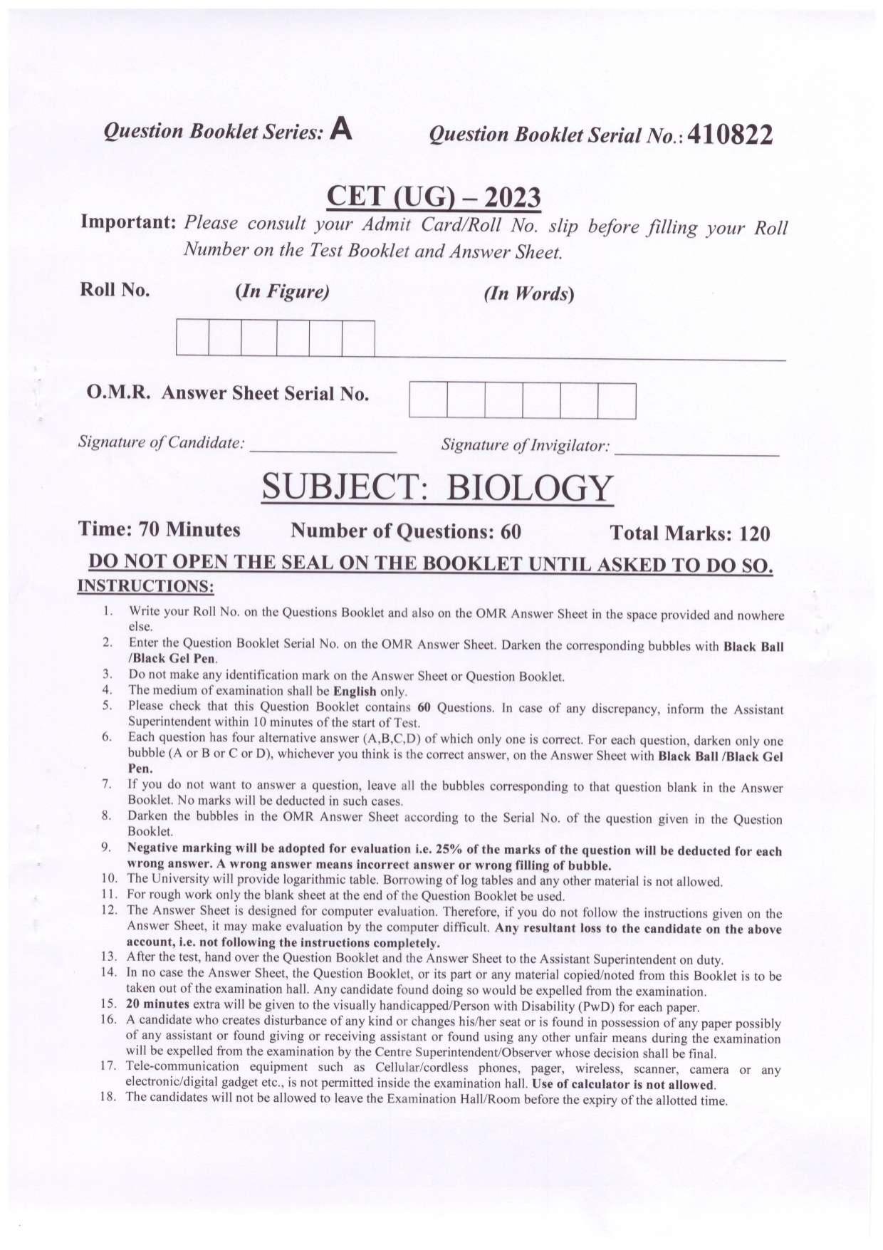 PUCET UG 2023 Biology Question Paper - Page 1