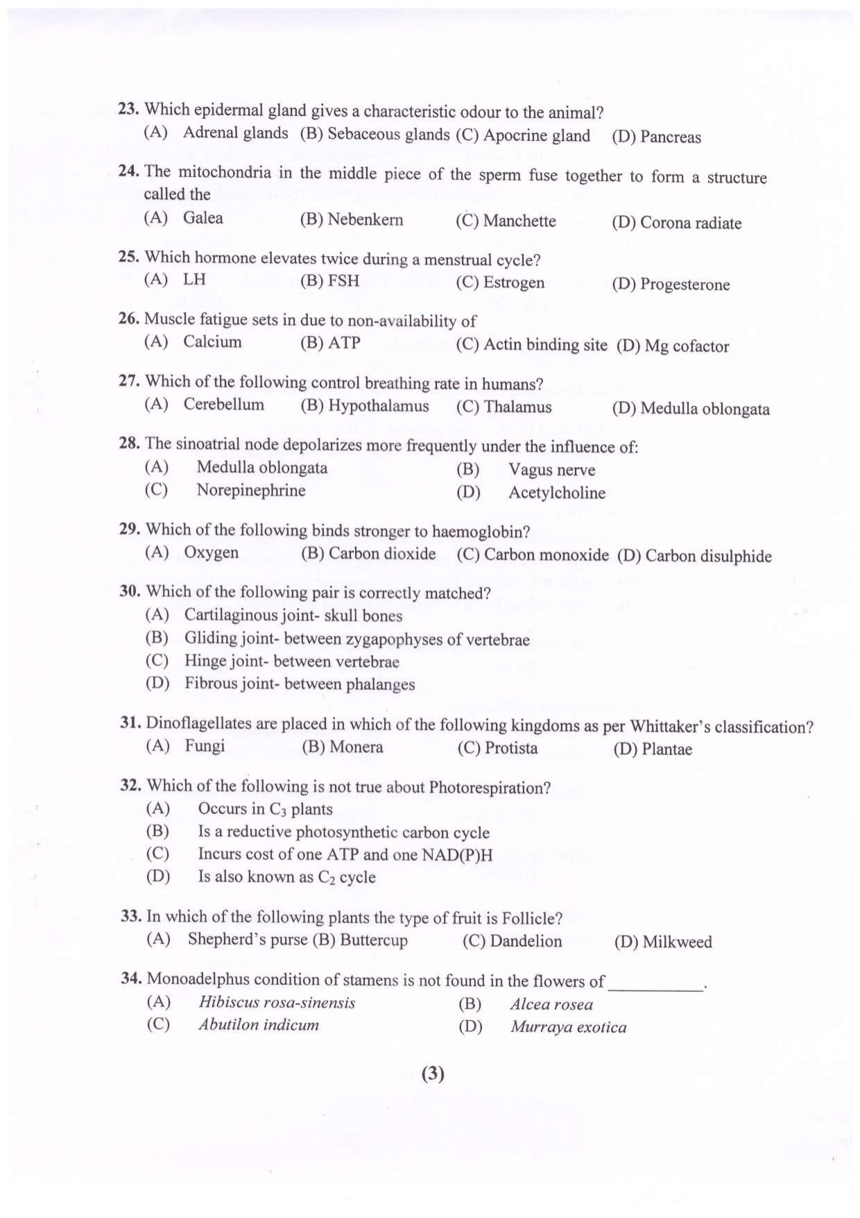 PUCET UG 2023 Biology Question Paper - Page 4