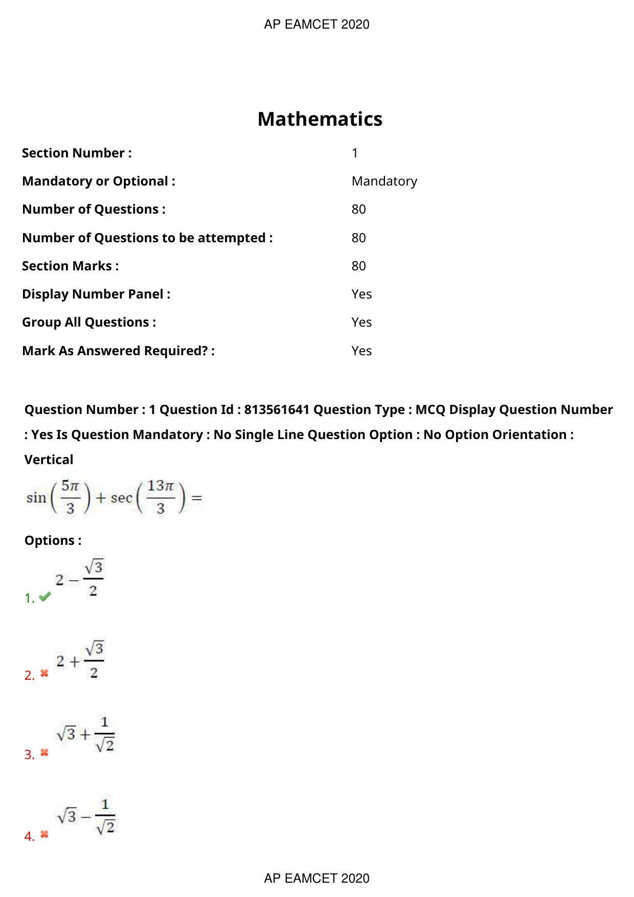 AP EAPCET 2020 - September 21, 2020- Shift 1 - Master Engineering Question Paper With Preliminary Keys - Page 2