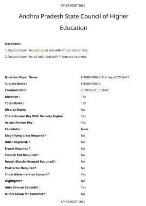 AP EAPCET 2020 - September 21, 2020- Shift 1 - Master Engineering Question Paper With Preliminary Keys