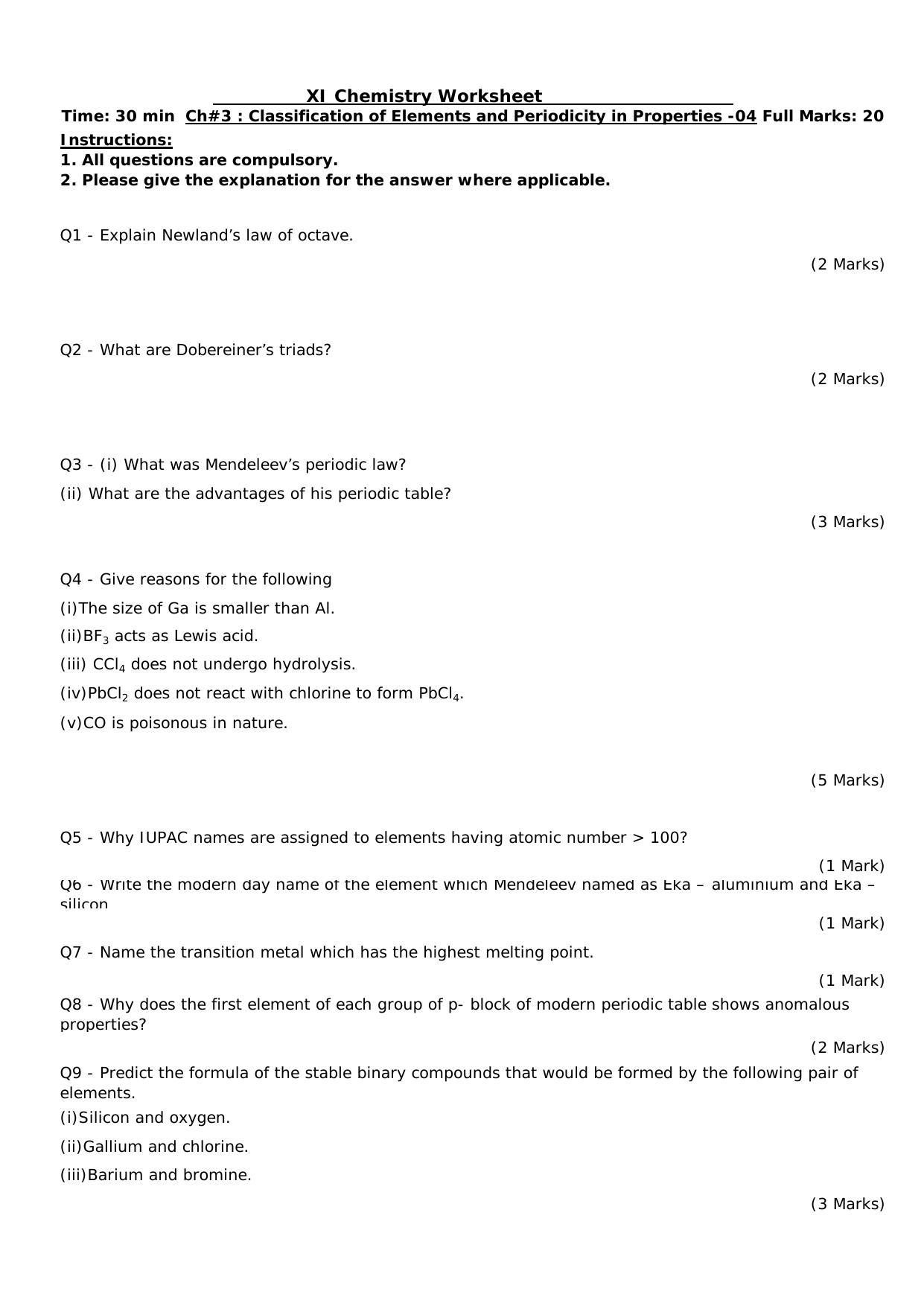 CBSE Worksheets for Class 11 Chemistry Classification of Elements and Periodicity Assignment 4 - Page 1