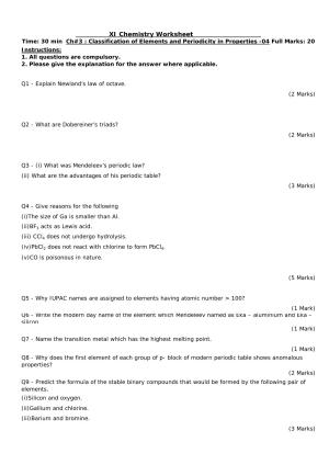 CBSE Worksheets for Class 11 Chemistry Classification of Elements and Periodicity Assignment 4