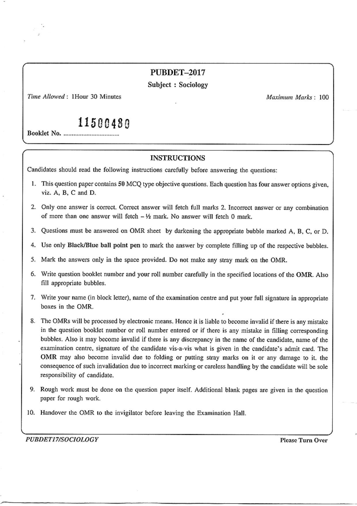 PUBDET 2017 Sociology Question Papers - Page 1