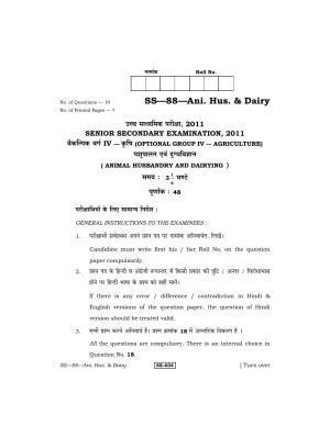Class 12 2011 Animal Husbandry & Dairying RBSE Question Paper