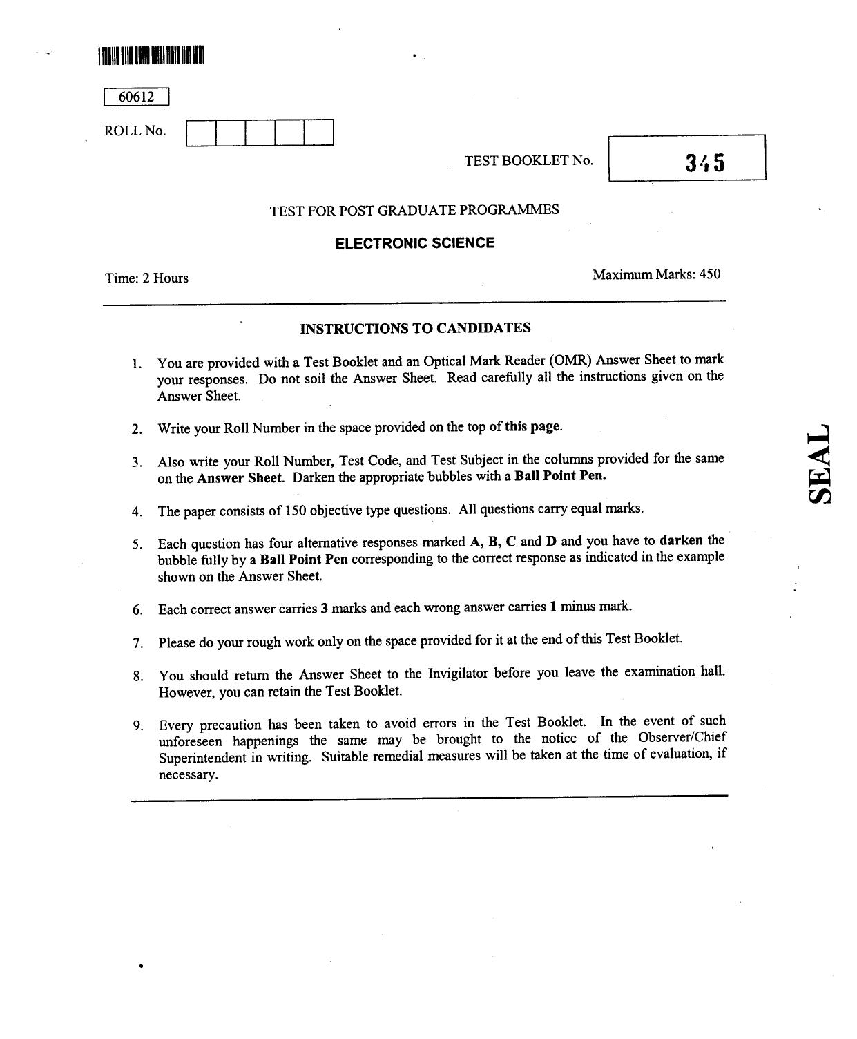 CUSAT CAT 2012 Electronic Science Question Paper - Page 1