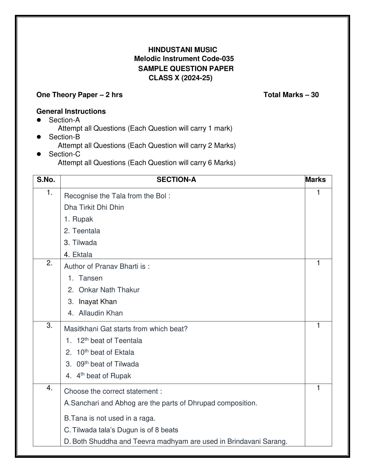 CBSE Class 10 Hindustani Music (Melodic) Sample Paper 2025 - Page 1