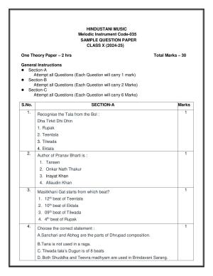 CBSE Class 10 Hindustani Music (Melodic) Sample Paper 2025