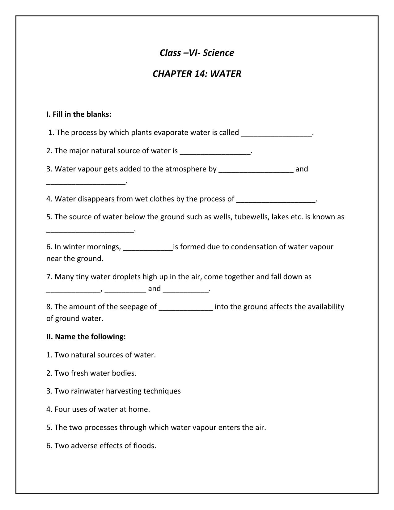 CBSE Worksheets for Class 6 Science Water Assignment 3 - Page 1