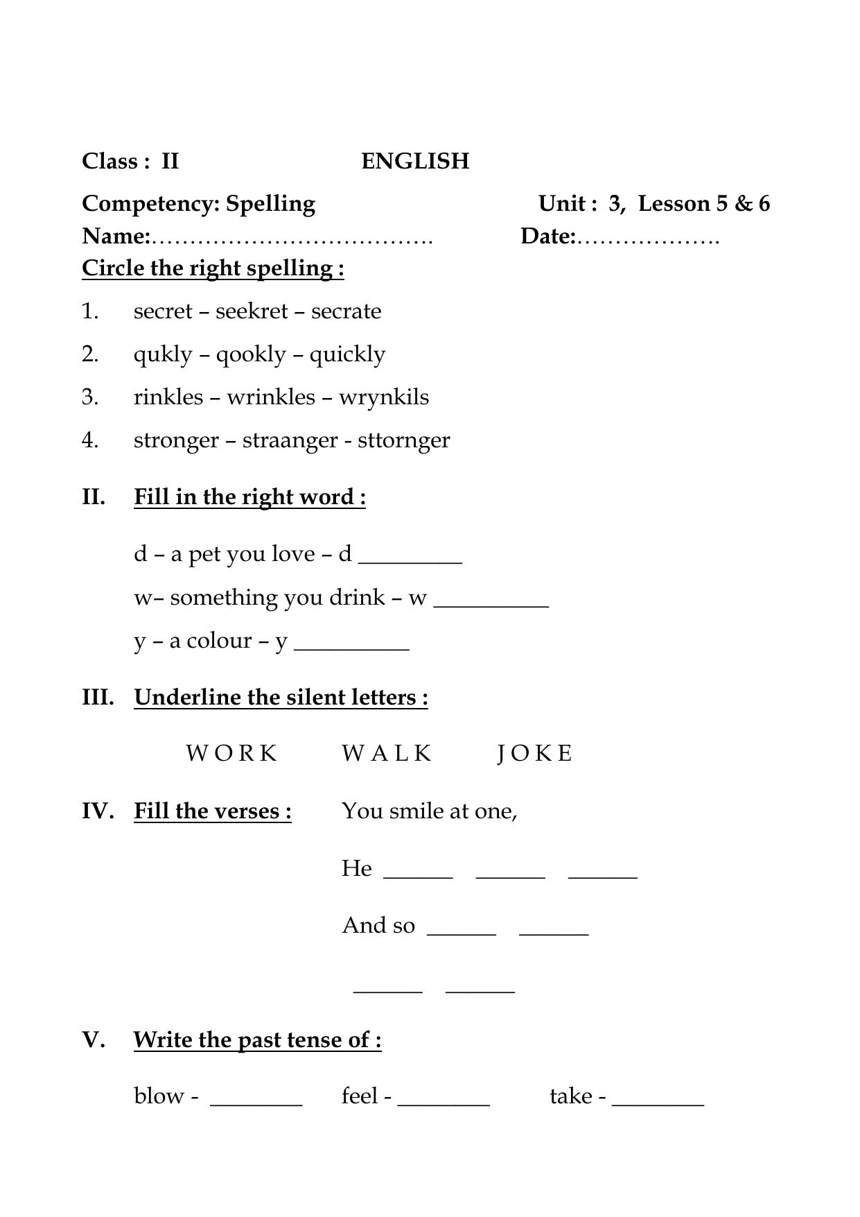 Worksheet for Class 2 English Assignment 25 Spelling - Page 1