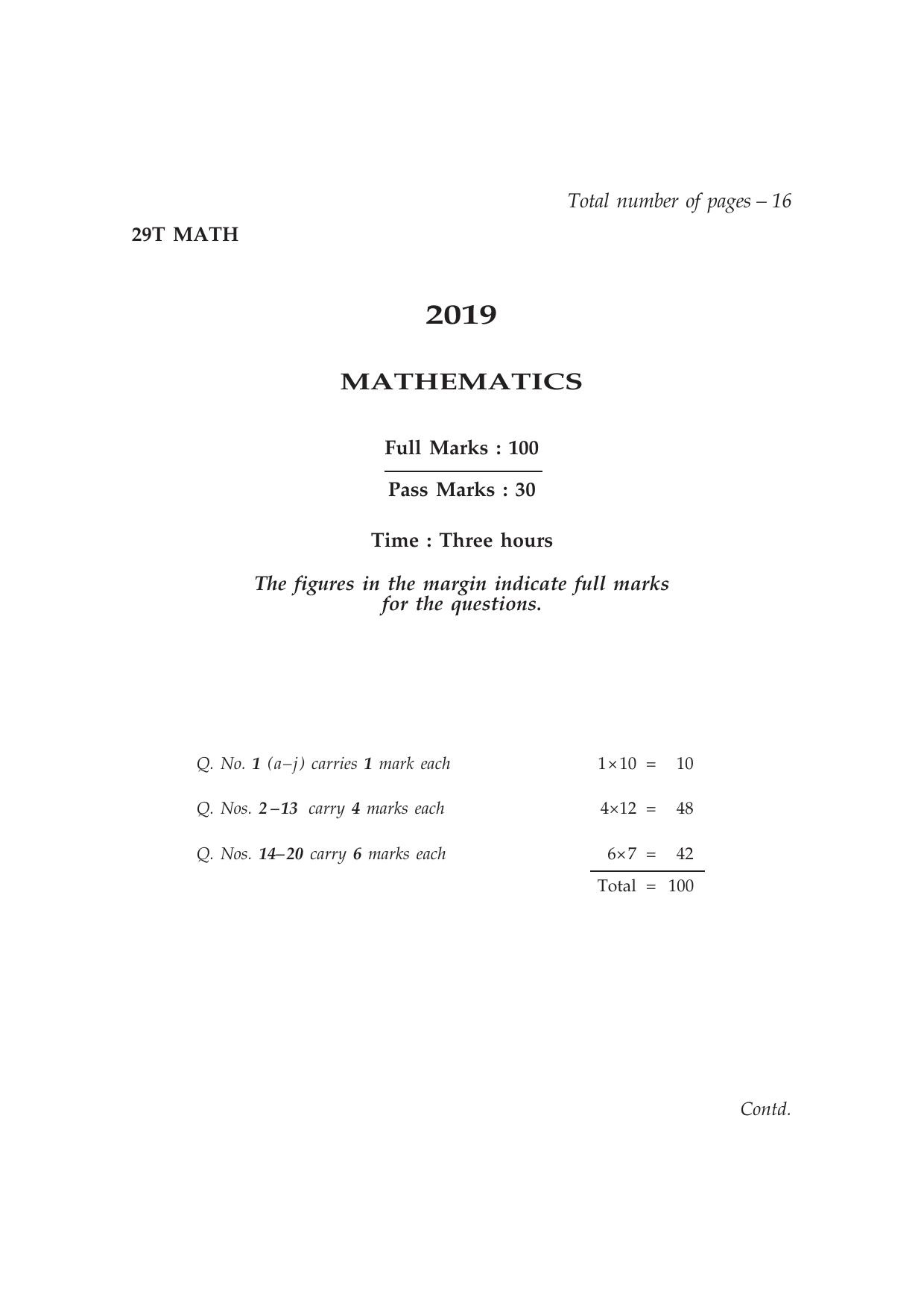 Assam HS 2nd Year Mathematics 2019 Question Paper - Page 1