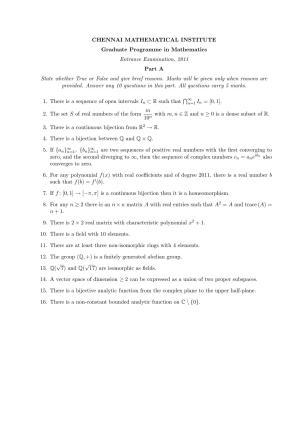 CMI Entrance Exam 2011 Question Paper MSc/PhD Mathematics