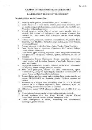 JMI Entrance Exam G08-P.G. Diploma in Broadcast Technology (Self Financed) Syllabus