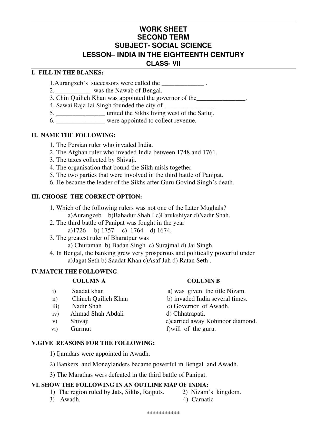 CBSE Worksheets for Class 7 Geography India In The Eighteenth Century Assignment - Page 1