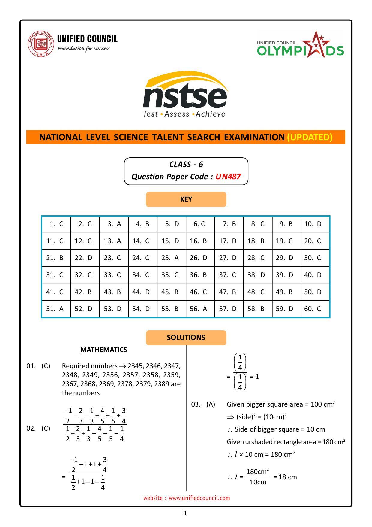 NSTSE 2023 Class 6 Answer Key (Paper Code 487) - Page 1