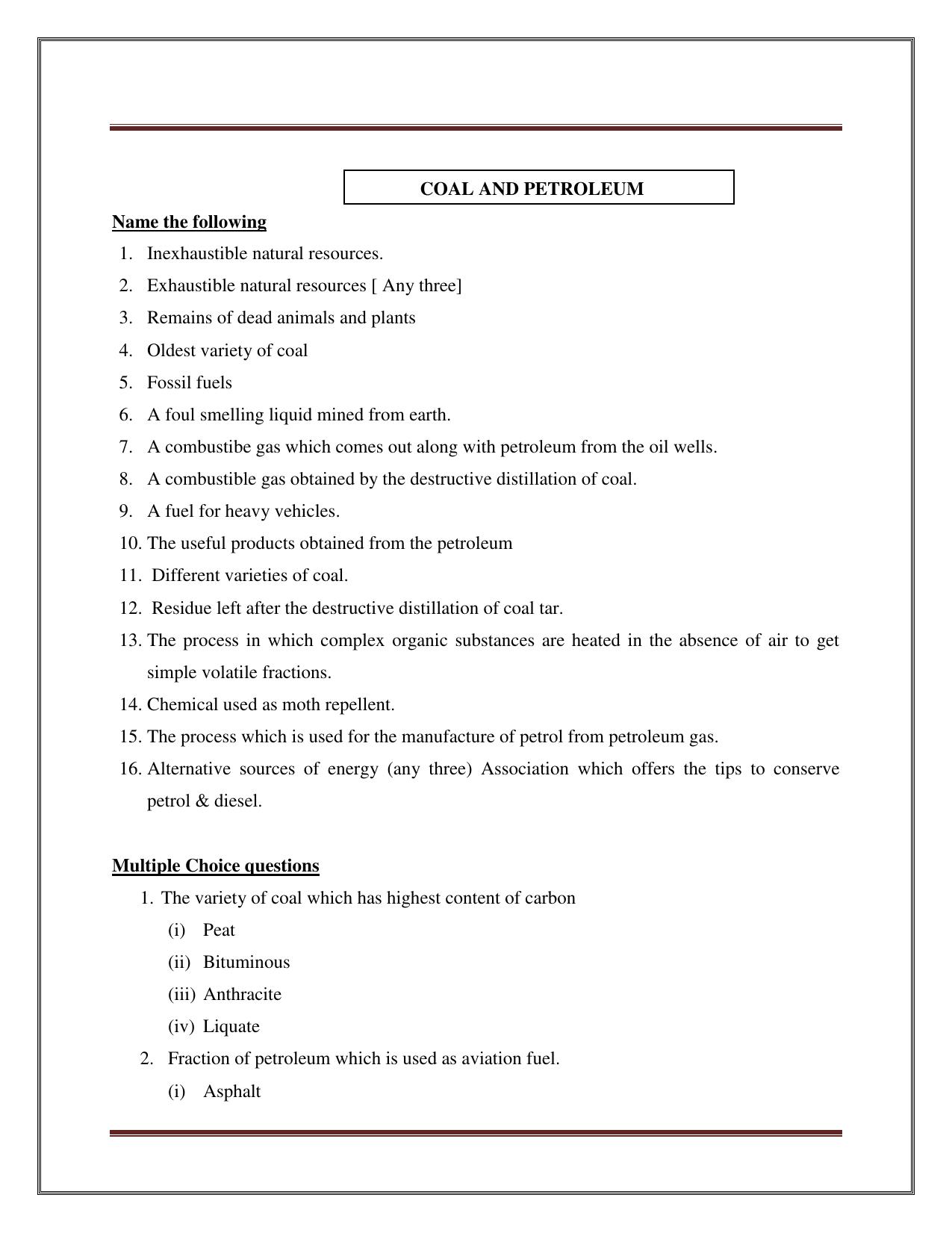 CBSE Worksheets for Class 8 Science Coal and Petroleum Part A Assignment - Page 1