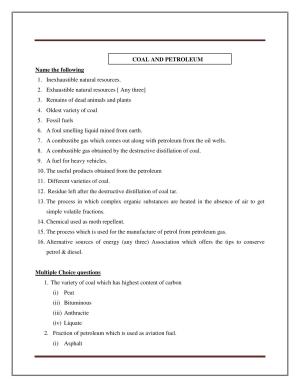 CBSE Worksheets for Class 8 Science Coal and Petroleum Part A Assignment