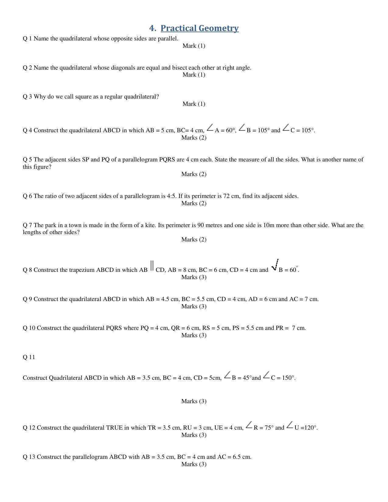 CBSE Worksheets for Class 8 Mathematics Practical Geometry Assignment 1 - Page 1
