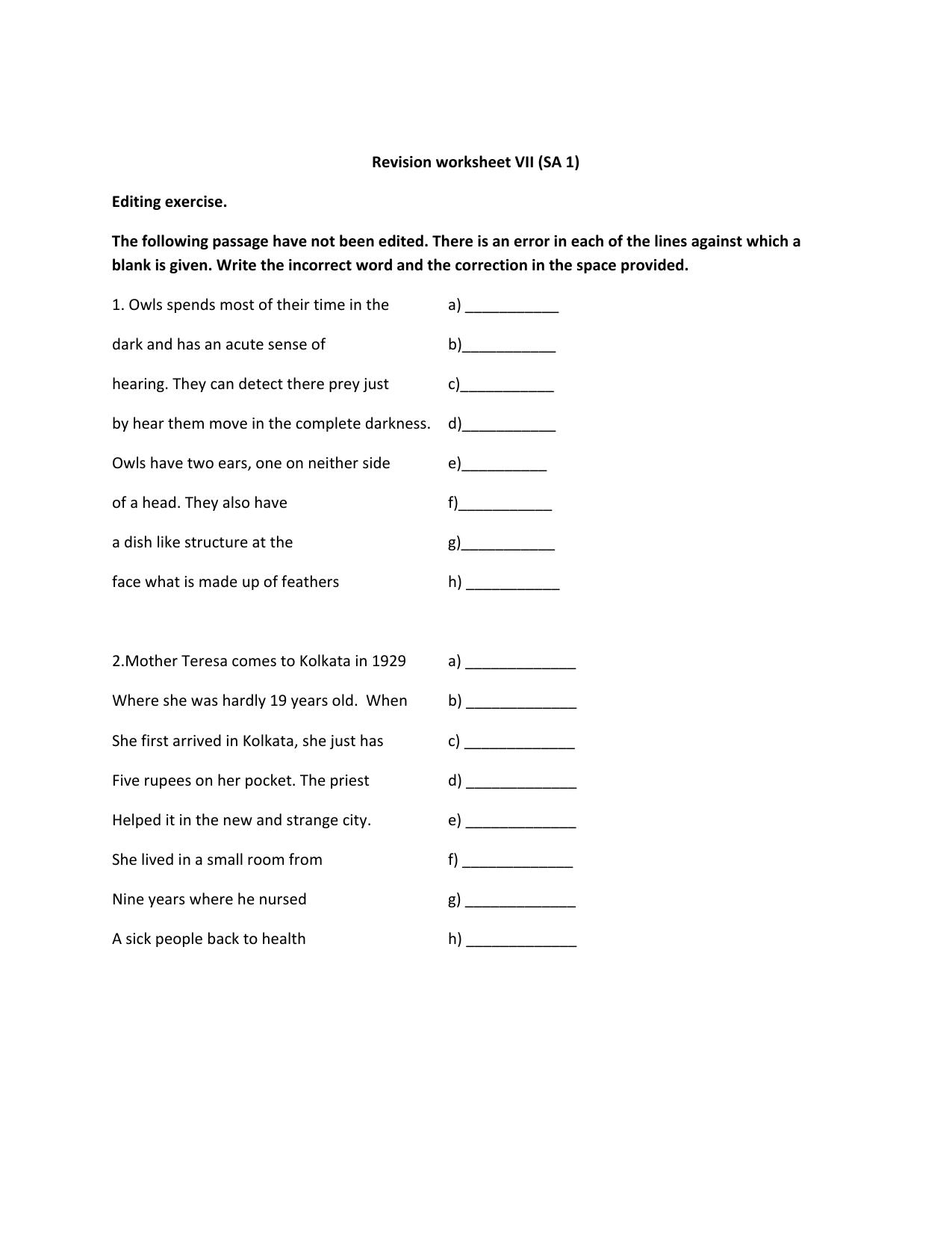 CBSE Worksheets for Class 6 English Editing Exercise Assignment - Page 1