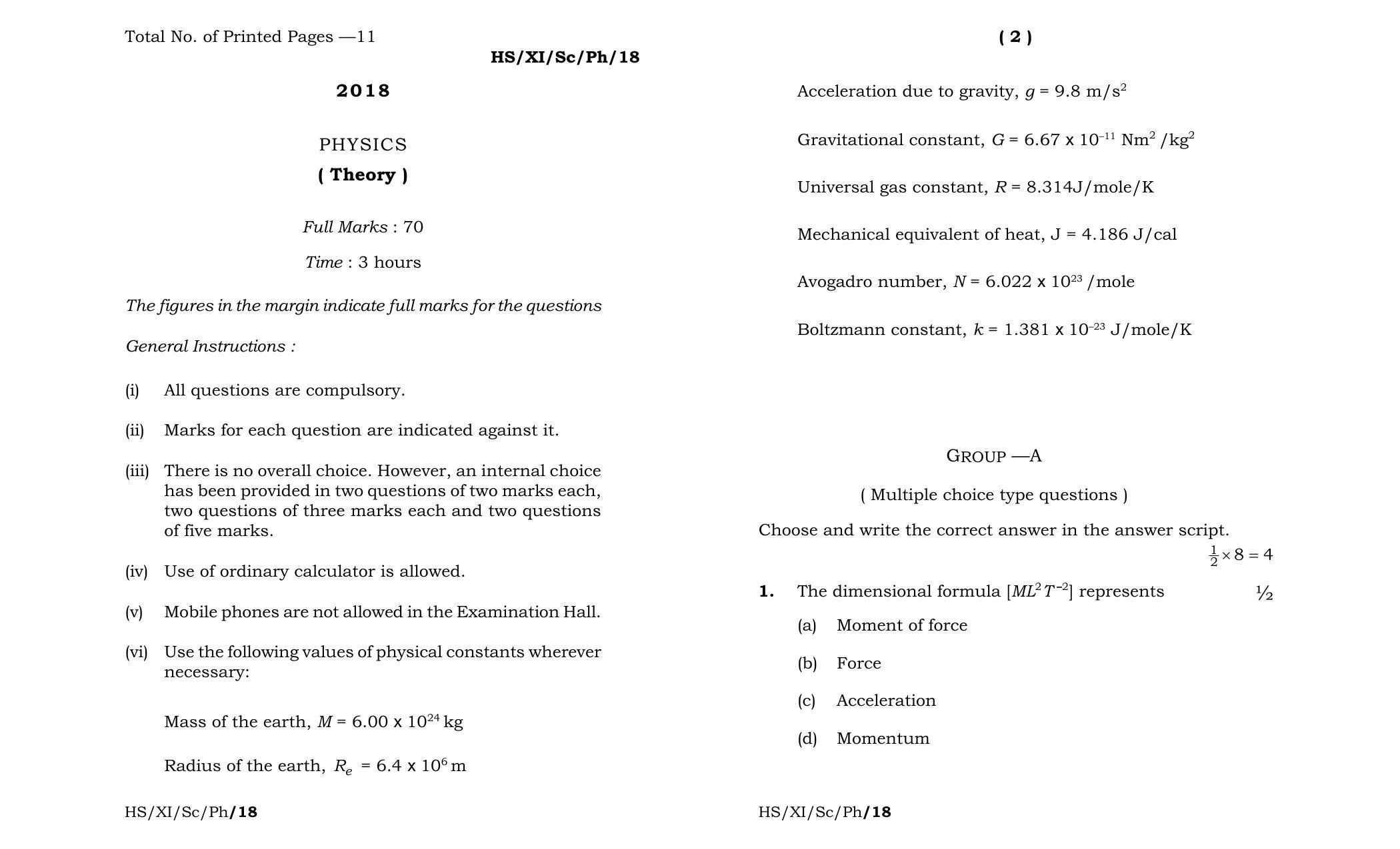 Meghalaya Board (MBOSE) Class 11 Physics 2018 Question Paper - Page 1