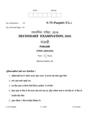 RBSE Class 10 Punjabi (T.L.) 2016 Question Paper