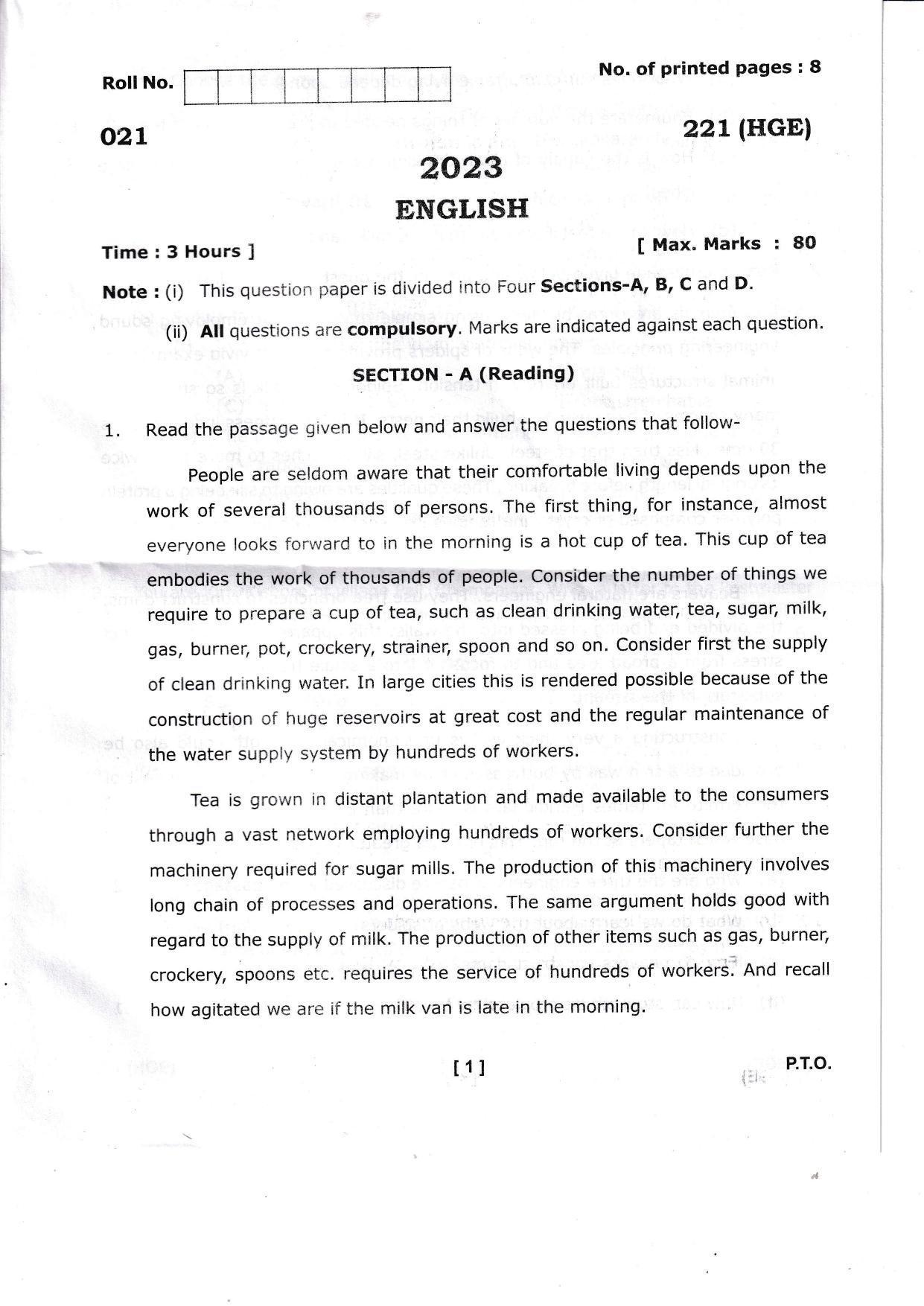 UBSE Class 10 English 2023 Question Paper - Page 1