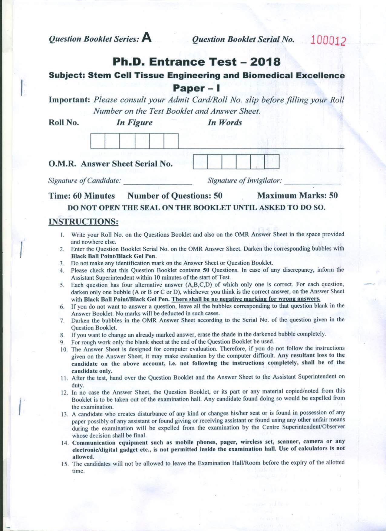 PU MPET Stem Cell Tissue Engineering & Biomedical Excellence 2018 Question Papers - Page 1