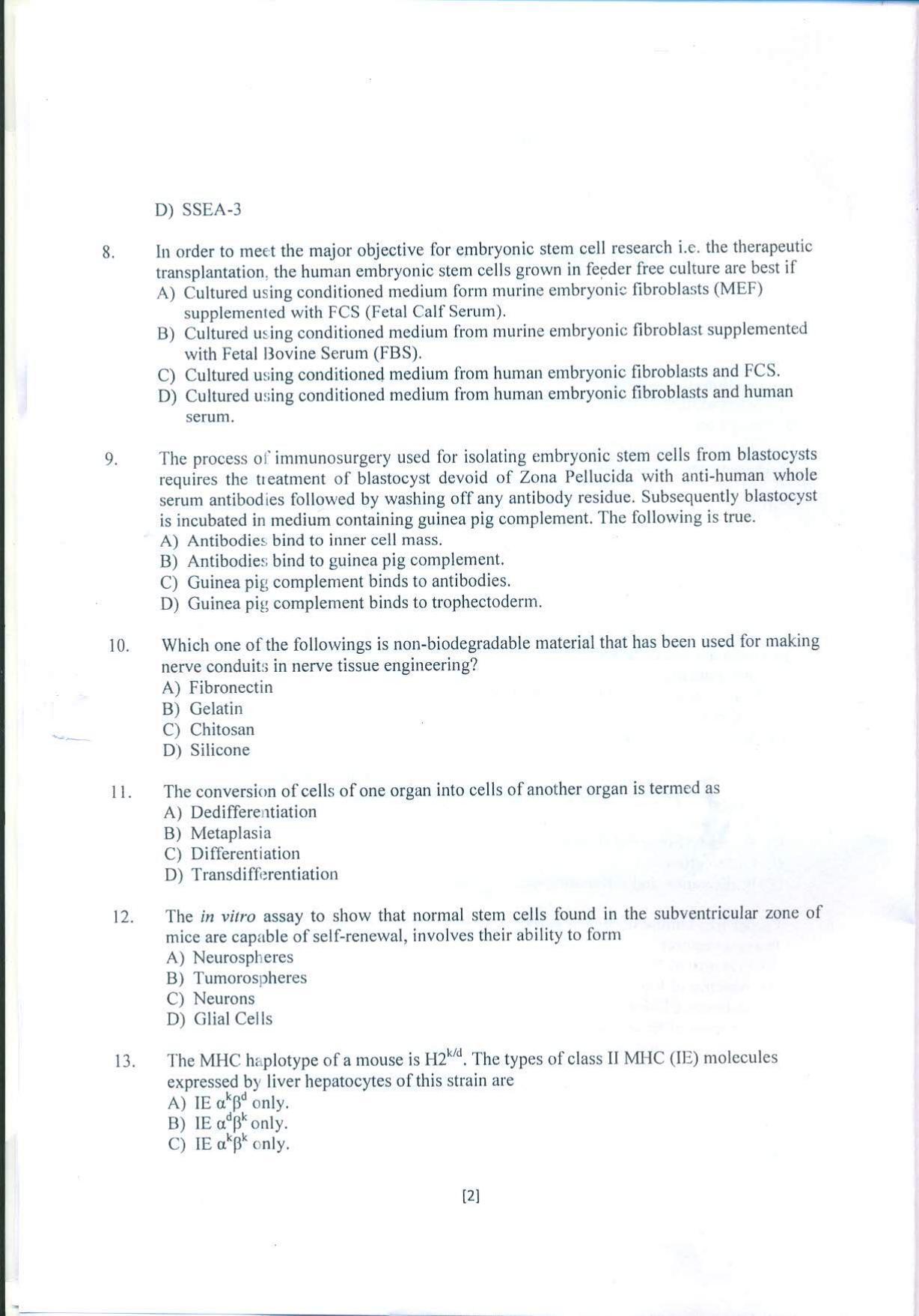 PU MPET Stem Cell Tissue Engineering & Biomedical Excellence 2018 Question Papers - Page 3