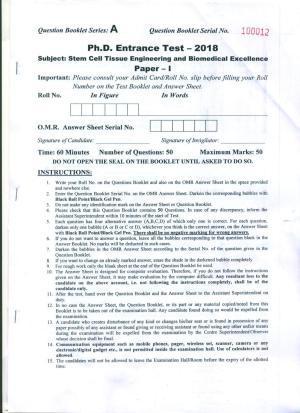 PU MPET Stem Cell Tissue Engineering & Biomedical Excellence 2018 Question Papers
