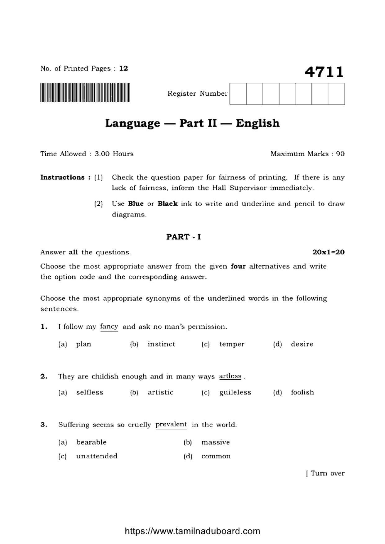 TN Class 12 English Language 4711 Question Papers 2021 - Page 1
