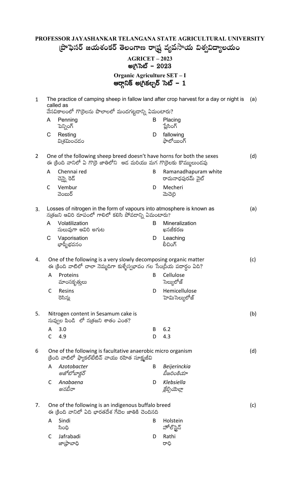 TS AGRICET 2023 Organic Agriculture PAPER WITH KEY  - Page 1