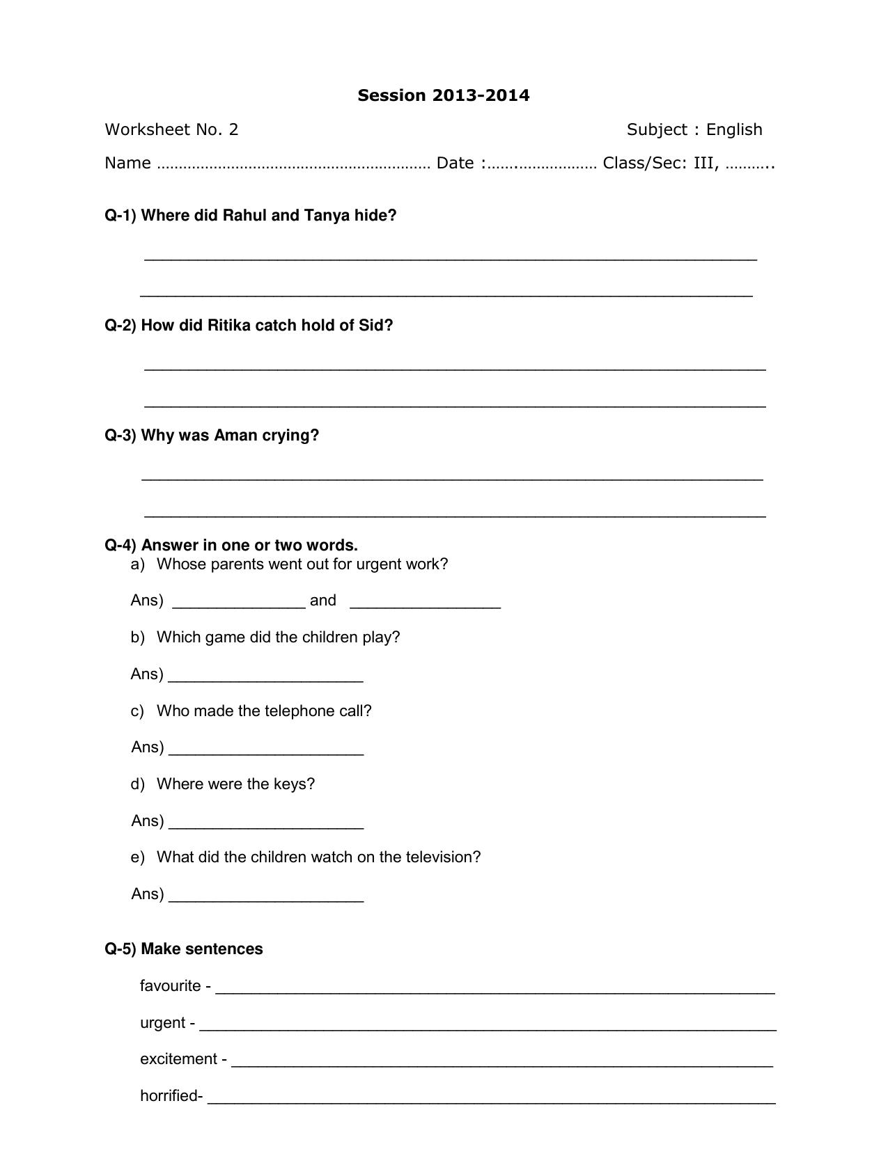 Worksheet for Class 3 English Assignment 10 - Page 1