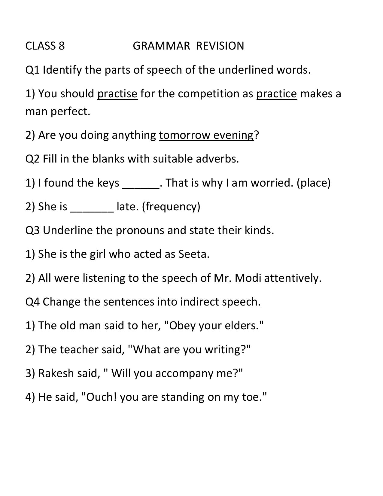 CBSE Class 8 English Worksheet Grammer Revision Assignment 1 - Page 1