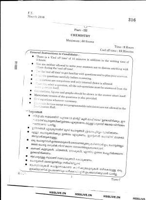 Kerala Plus One 2016 Chemistry Question Papers
