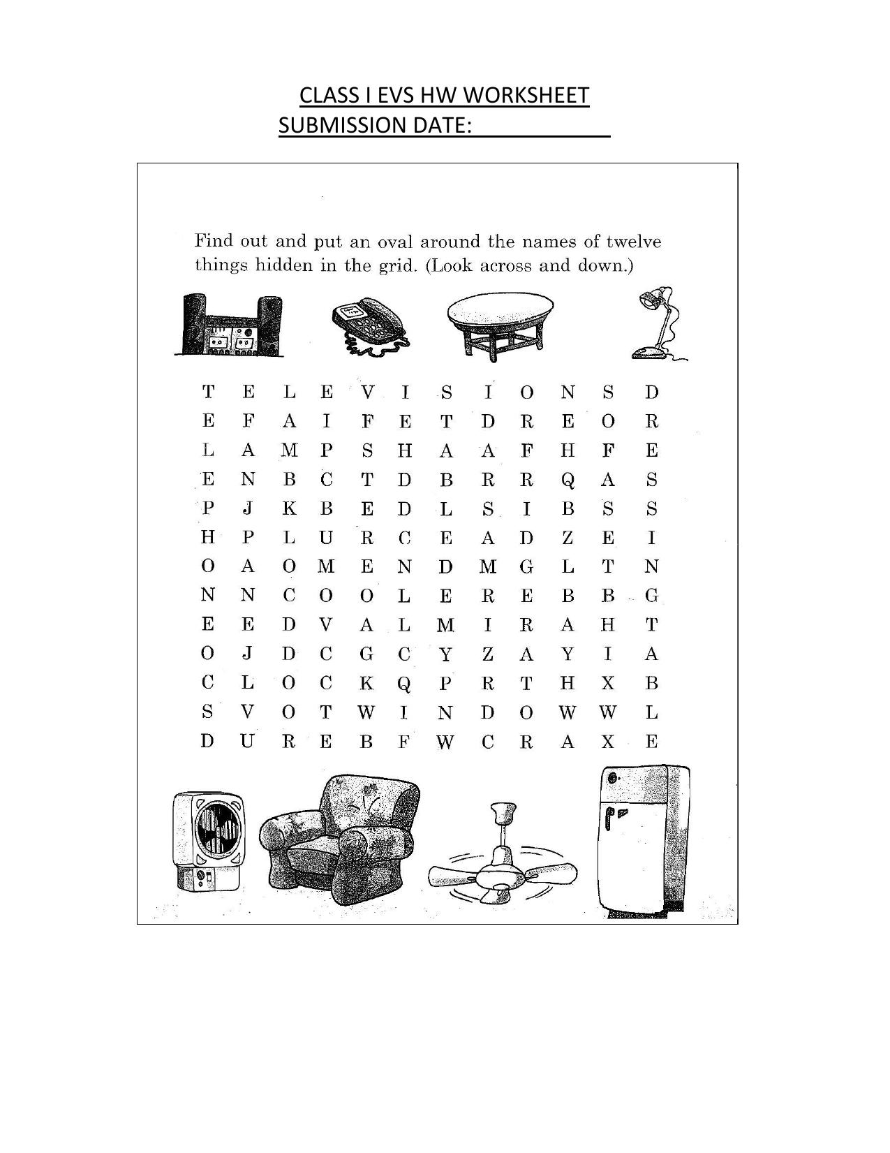 Worksheet for Class 1 EVS Grid Assignment - Page 1