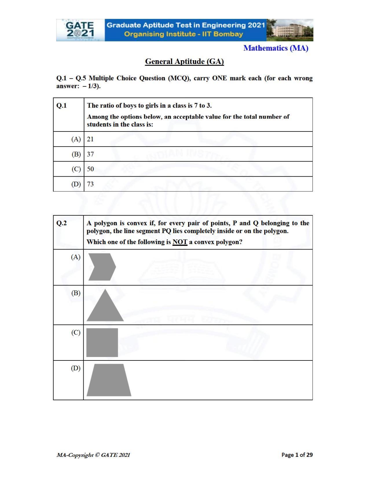 GATE 2021 Mathematics (MA) Question Paper - Page 1