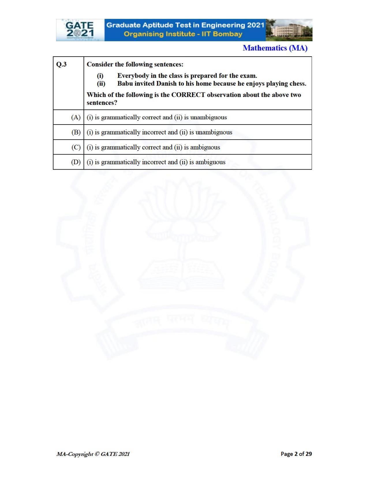 GATE 2021 Mathematics (MA) Question Paper - Page 2