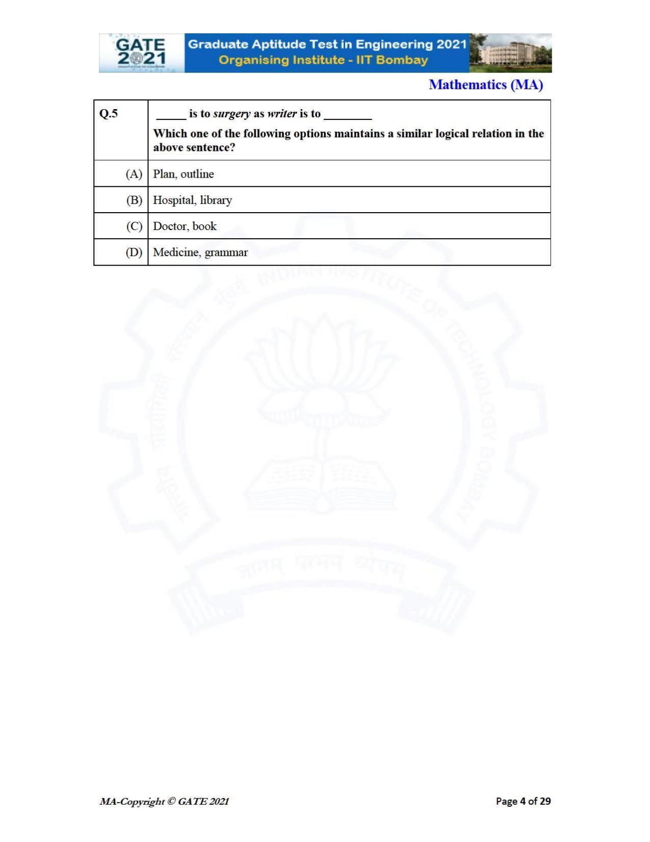 GATE 2021 Mathematics (MA) Question Paper - Page 4