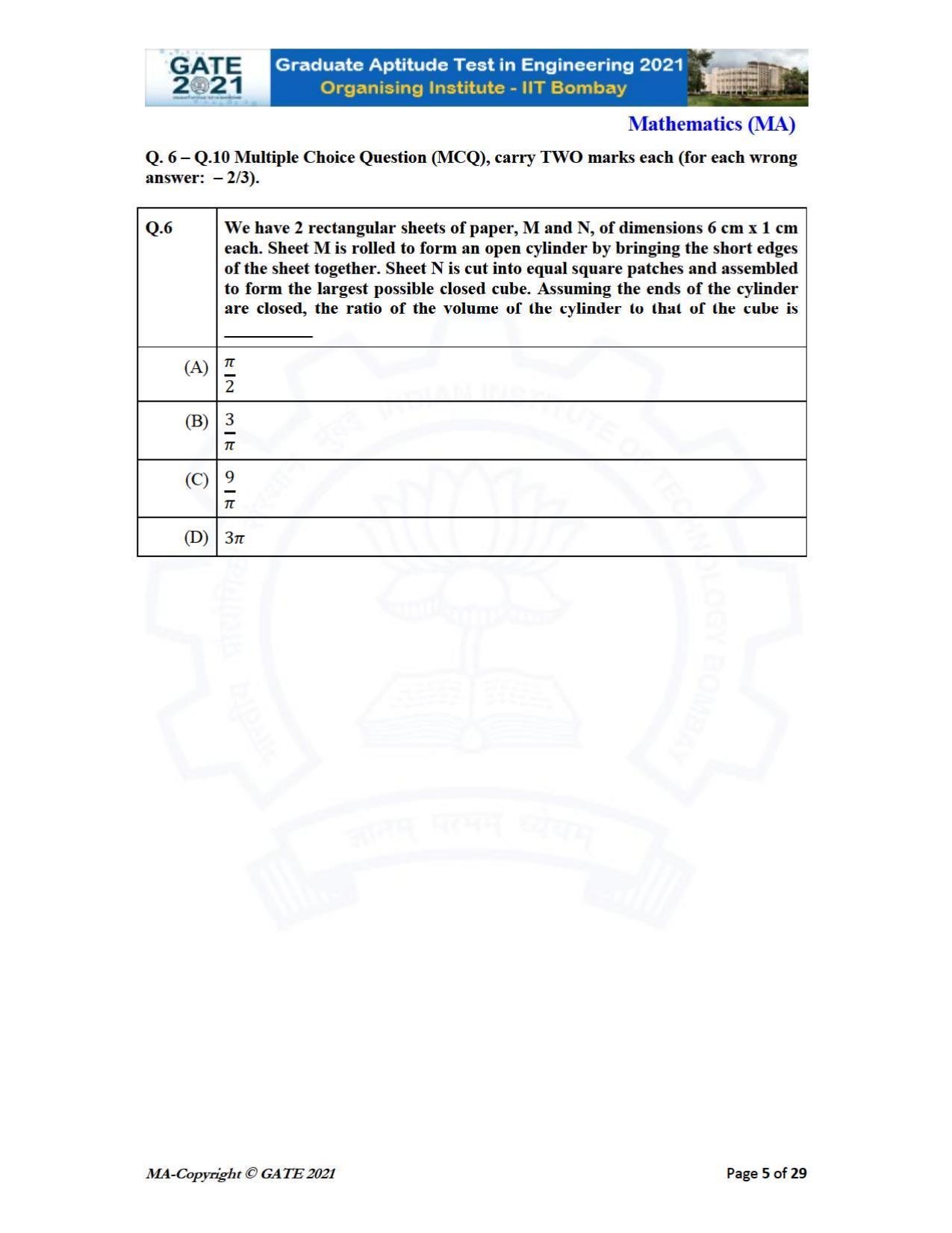 GATE 2021 Mathematics (MA) Question Paper - Page 5