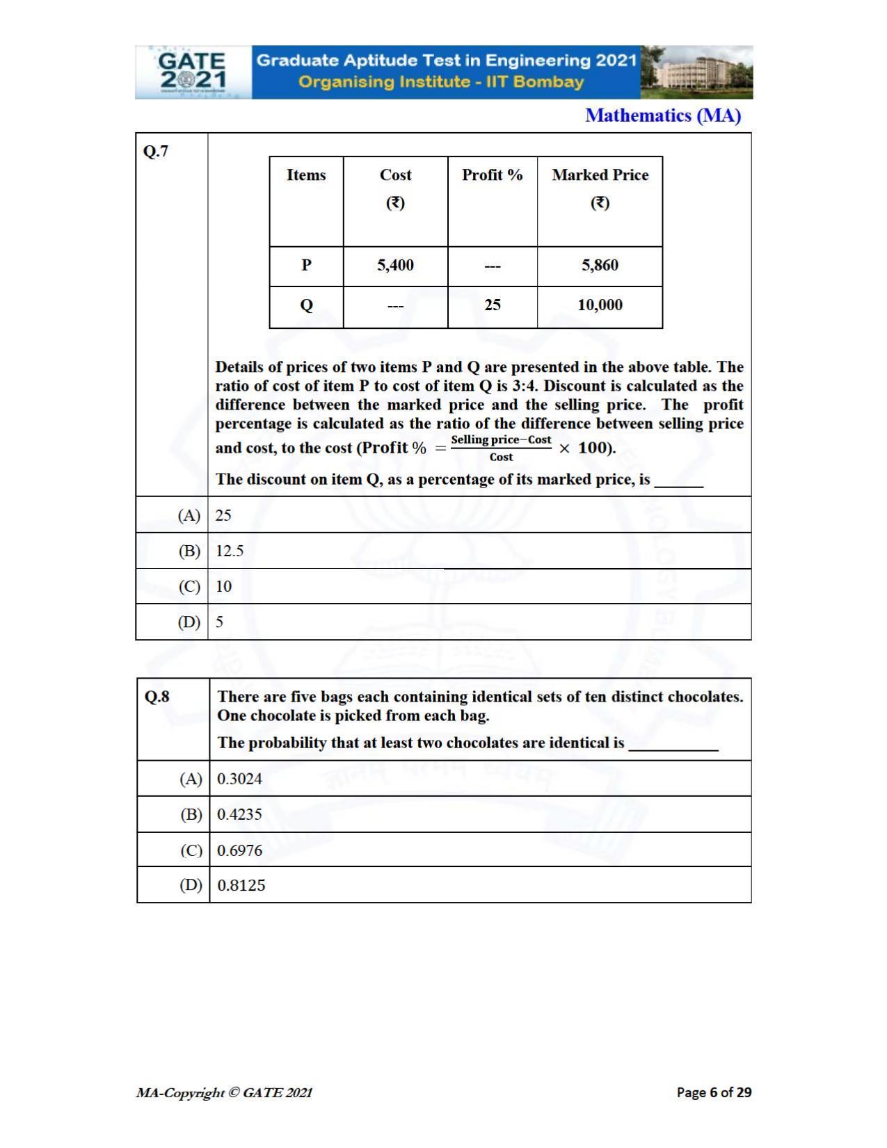 GATE 2021 Mathematics (MA) Question Paper - Page 6
