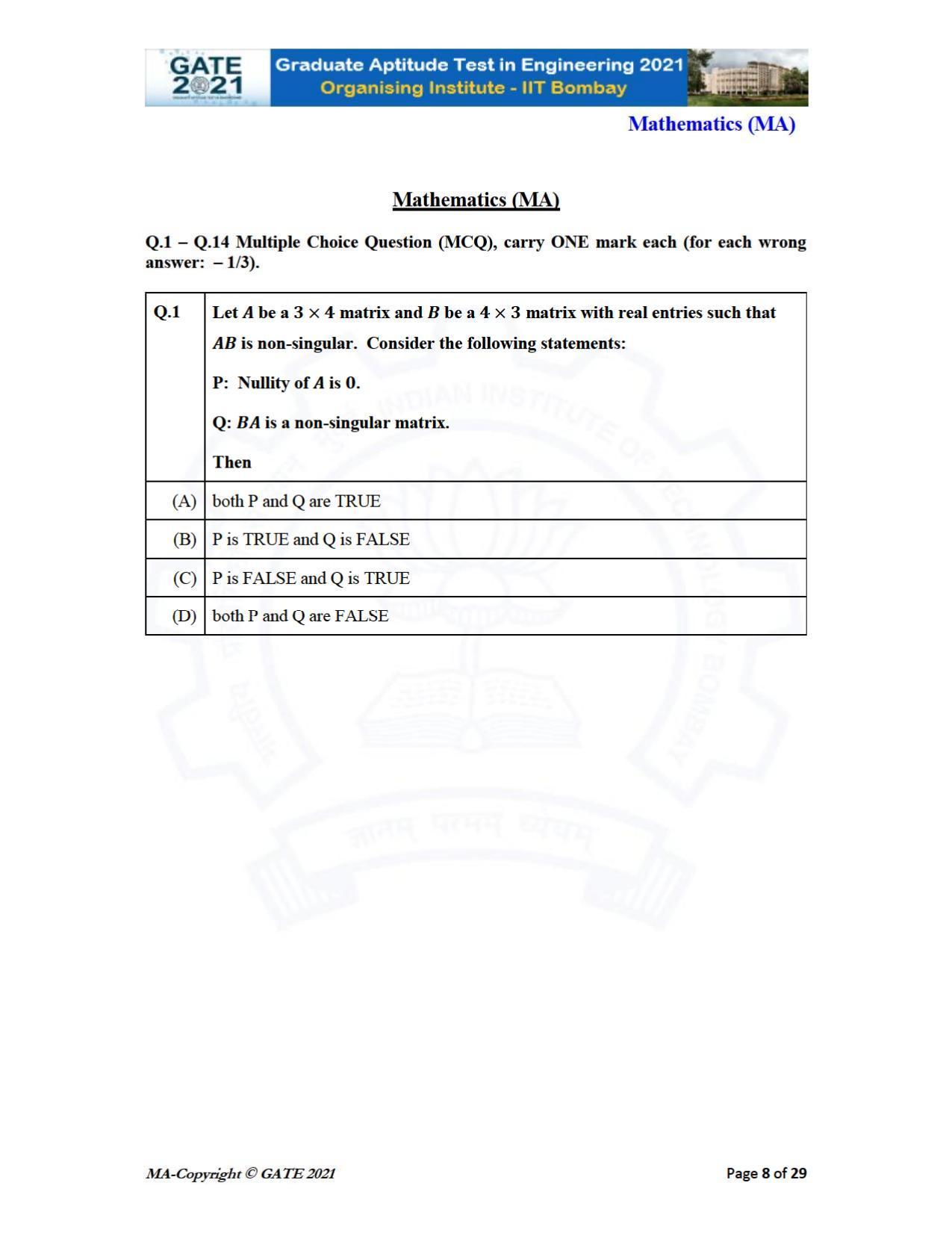 GATE 2021 Mathematics (MA) Question Paper - Page 8