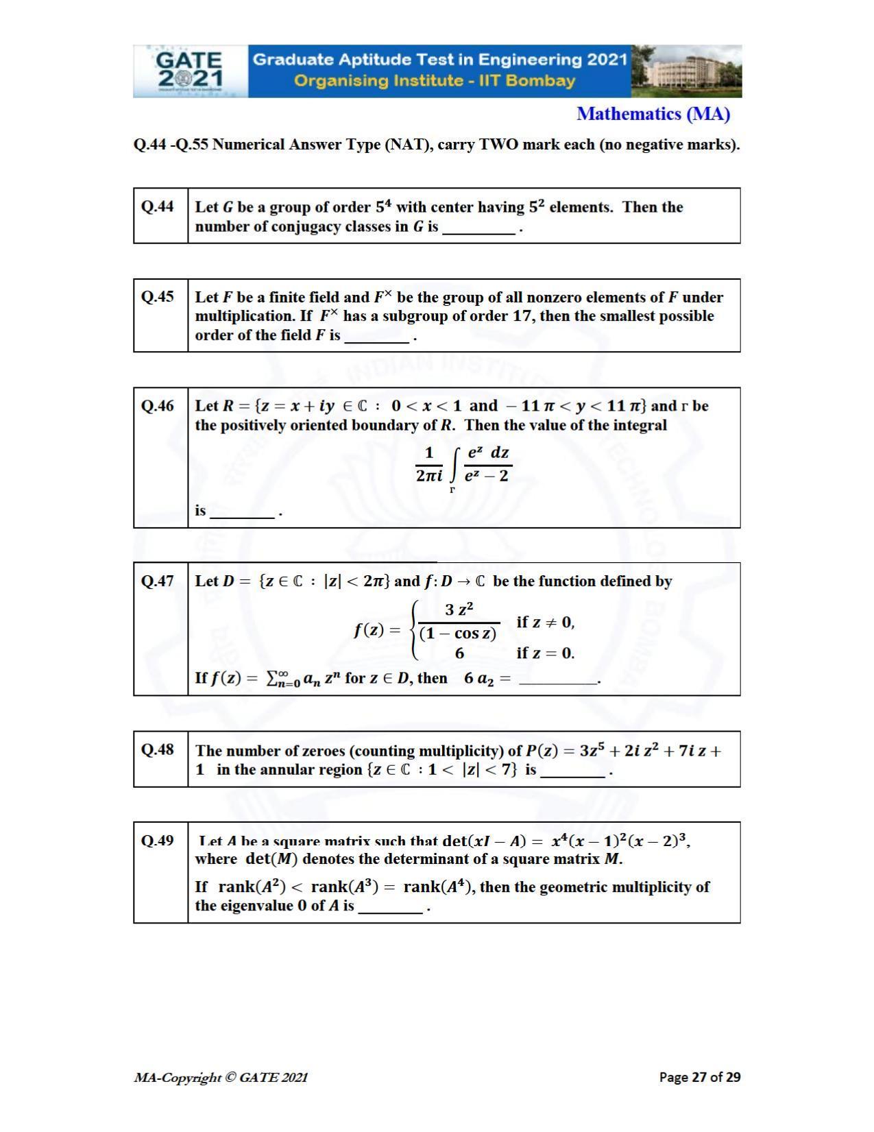 GATE 2021 Mathematics (MA) Question Paper - Page 27