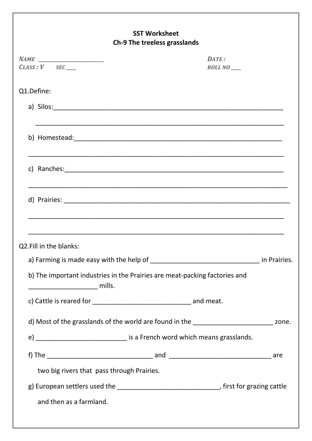 Worksheet for Class 5 Social Science The treeless Grasslands Assignment 20 - Page 1