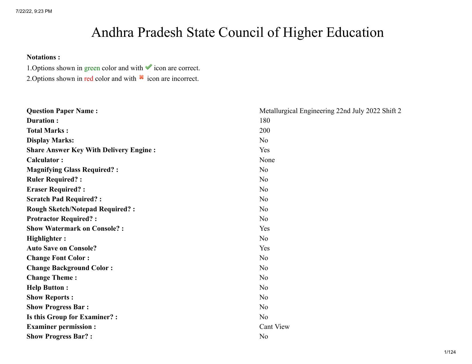 AP ECET 2022 - METALLURGICAL ENGINEERING Question Paper With Preliminary Keys  - Page 1