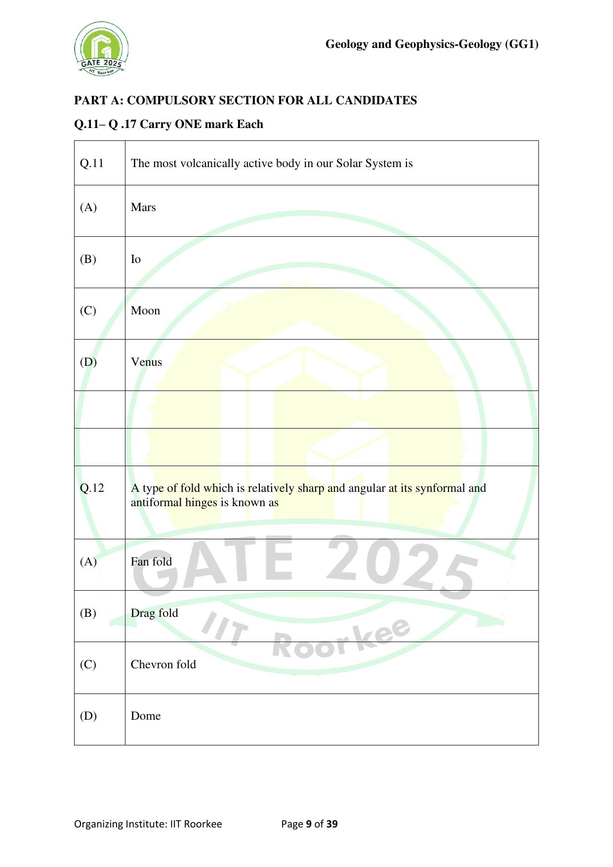 GATE 2025 Geology and Geophysics - Geology (GG-1) Question Paper - Page 9