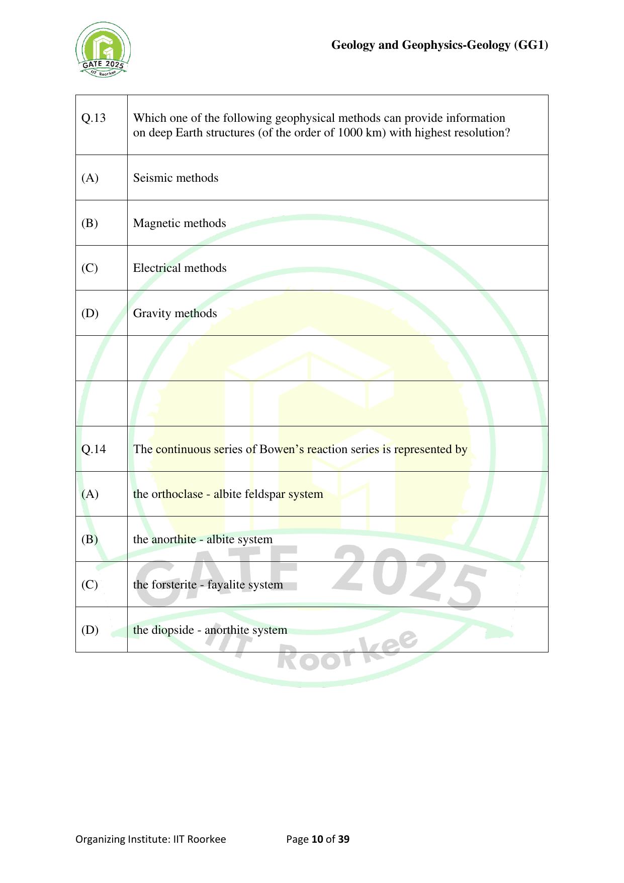 GATE 2025 Geology and Geophysics - Geology (GG-1) Question Paper - Page 10