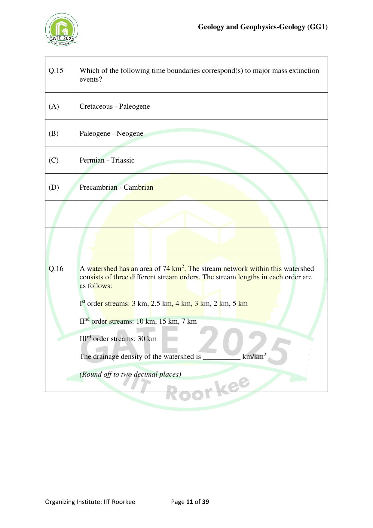 GATE 2025 Geology and Geophysics - Geology (GG-1) Question Paper - Page 11